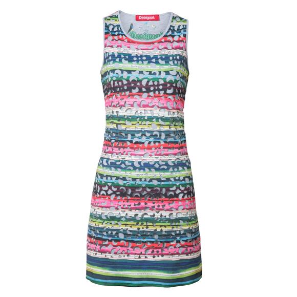 DESIGUAL Phoenix Shift Mini Dress Sleeveless Laser Cut Striped Rainbow Women's M - Picture 8 of 14